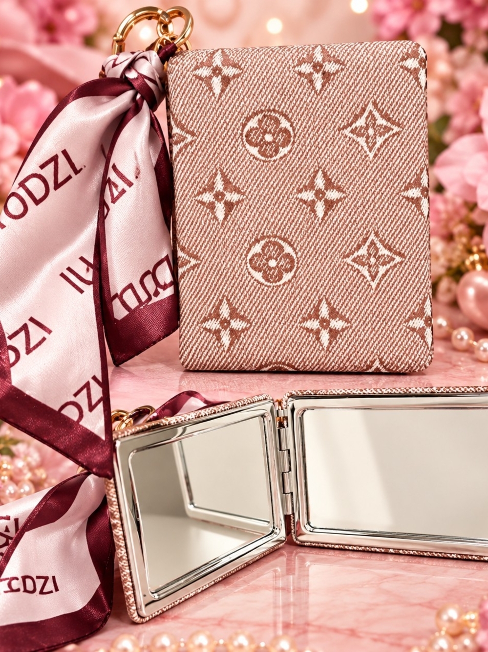 Designer-Inspired Pink Monogram Compact Mirror Wallet